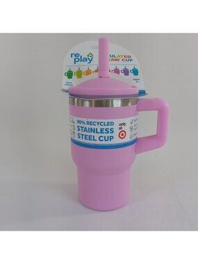 Re-Play Pink Insulated Stainless Steel Straw Cup 10oz Handle Kid's Ages 3+ BPA